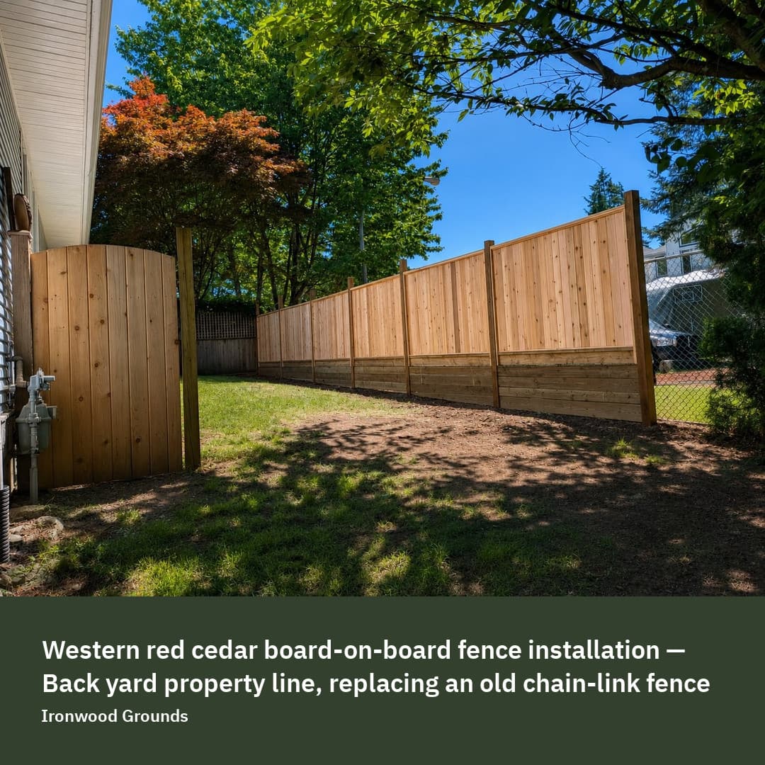 Real JobReel export of Ironwood Grounds' cedar fence and arched gate, with a branded headline beneath the photo